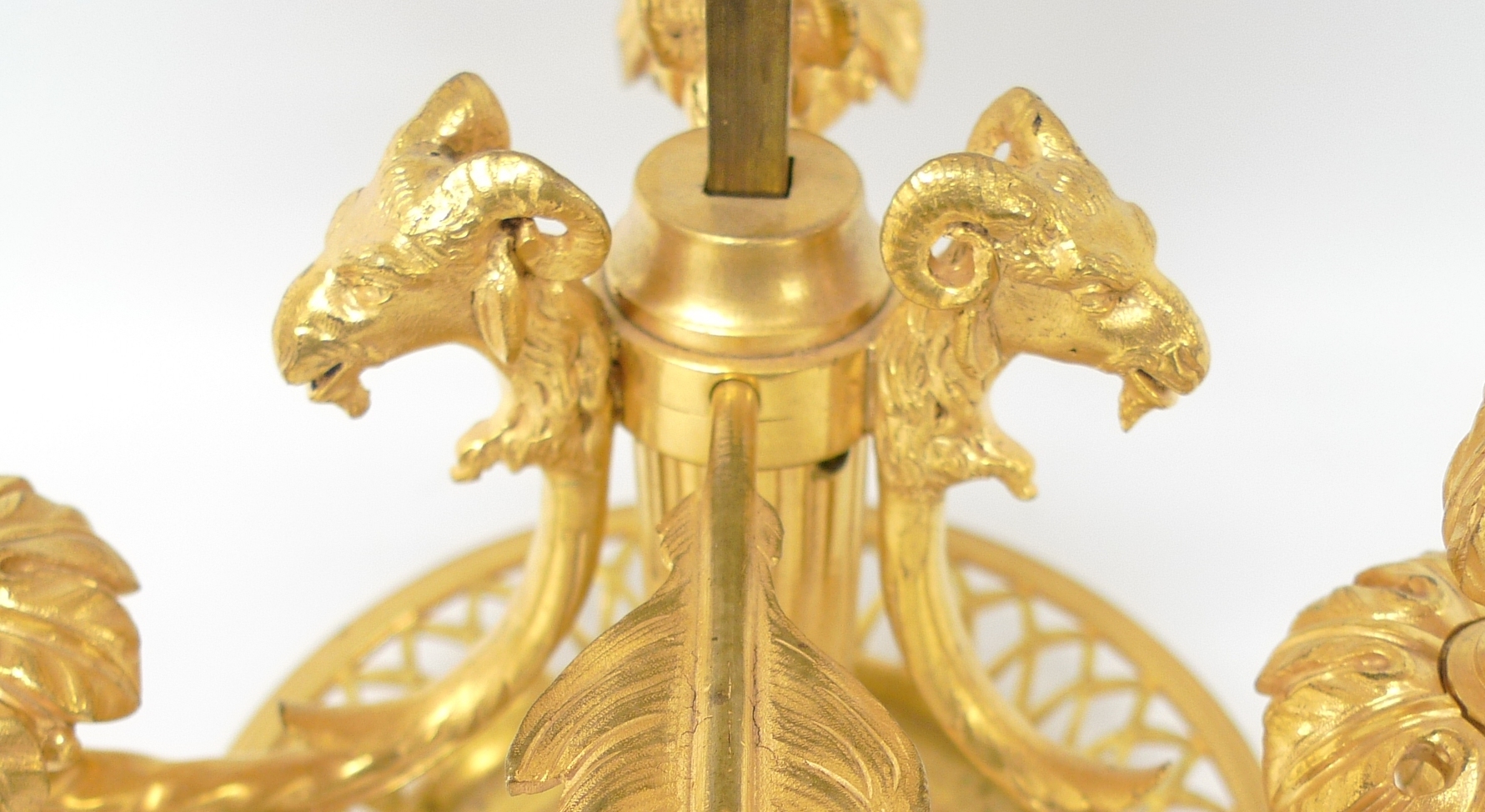 An early 20th century French ormolu bouillotte lamp, the three branches with rams head terminals - Image 3 of 22