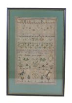 An early 19th century prose and pictorial woolwork sampler by Ann Chapman aged 9 dated 1802. Frame