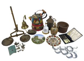 A group of mixed metalware, including a Victorian painted canal boat 'Buckby Can', unnamed, 25cm