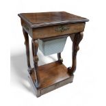 A 19th century walnut work box on swan head supports, 49cm by 36cm by 77cm tall.