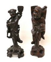 Two Chinese carved wooden figures, one previously a table lamp base, both 37cm high. (2)