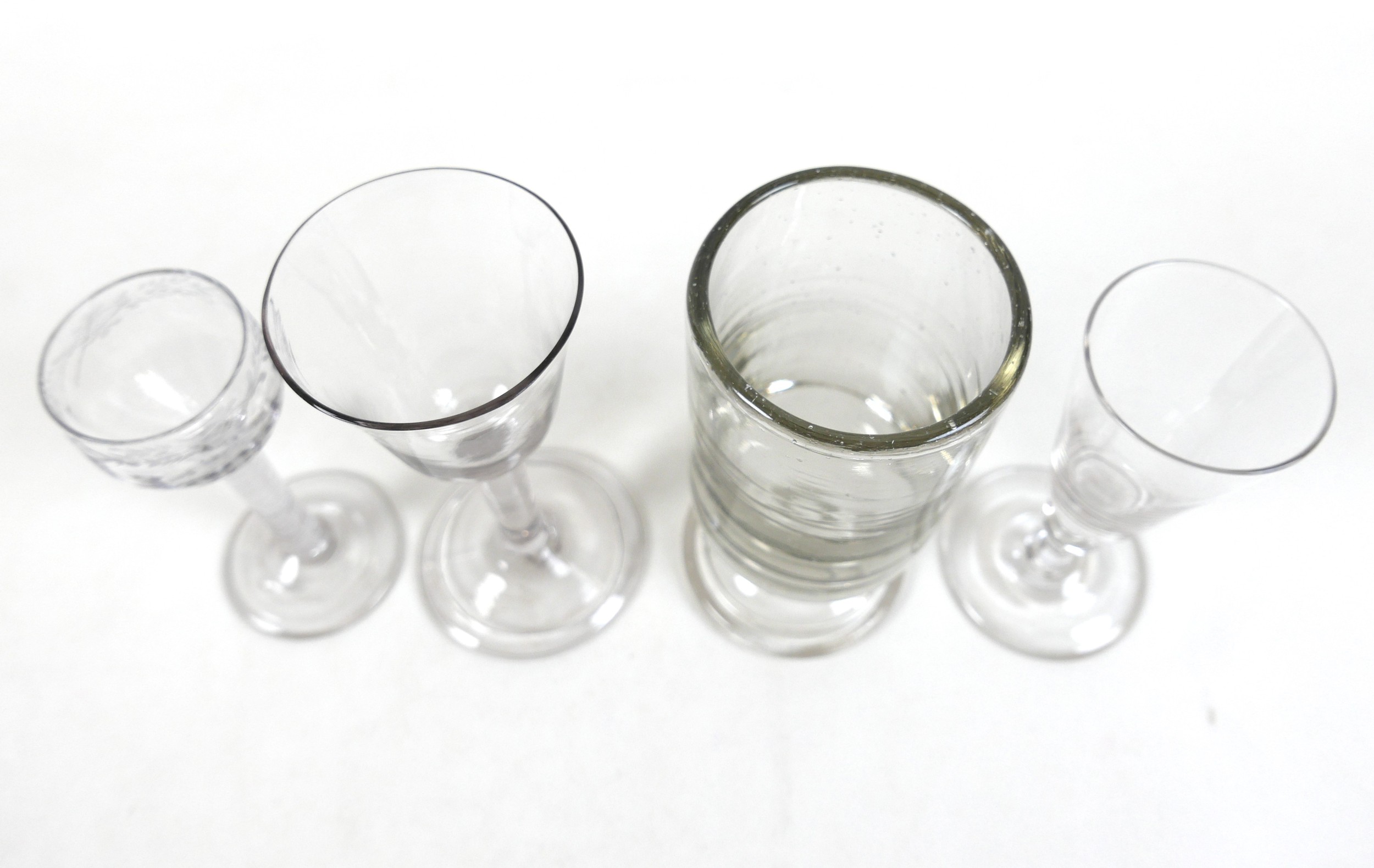 Four 18th century drinking glasses including an air twist cordial glass, largest 7.5cm diameter 16cm - Image 2 of 12