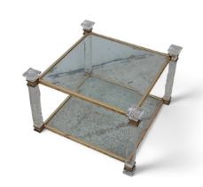 A clear glass and brass /gilt side or coffee table, two tier, square Italian.
