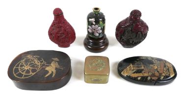 A group of Oriental items, comprising carved red resin, cinnabar lacquer style, scent or snuff