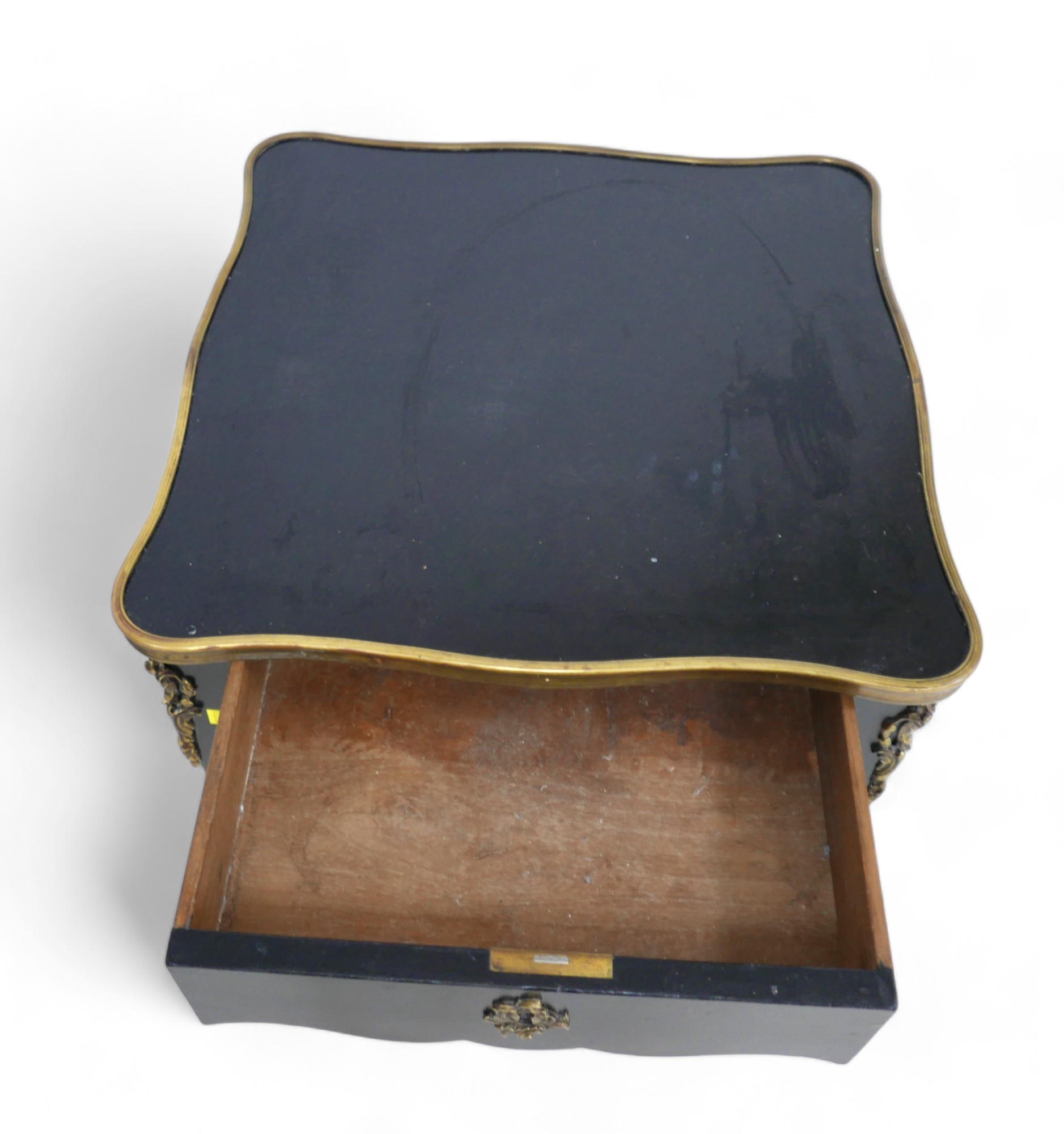 A pair of French, early 20th century ebonised side tables, the square surfaces with serpentine brass - Image 2 of 7