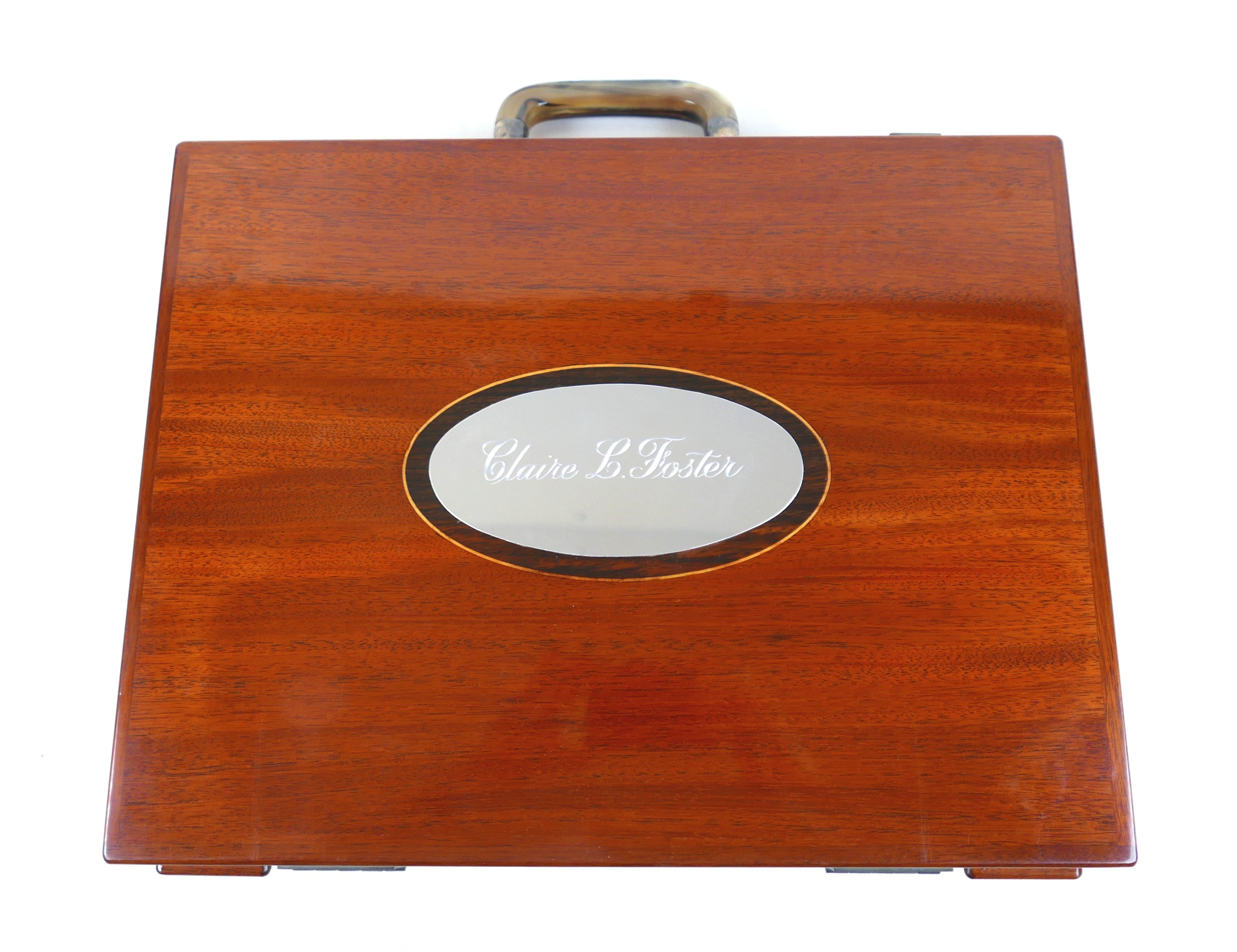 An unusual bespoke mahogany briefcase, silver mounted fittings, horn handle, oval plaque with - Image 3 of 16
