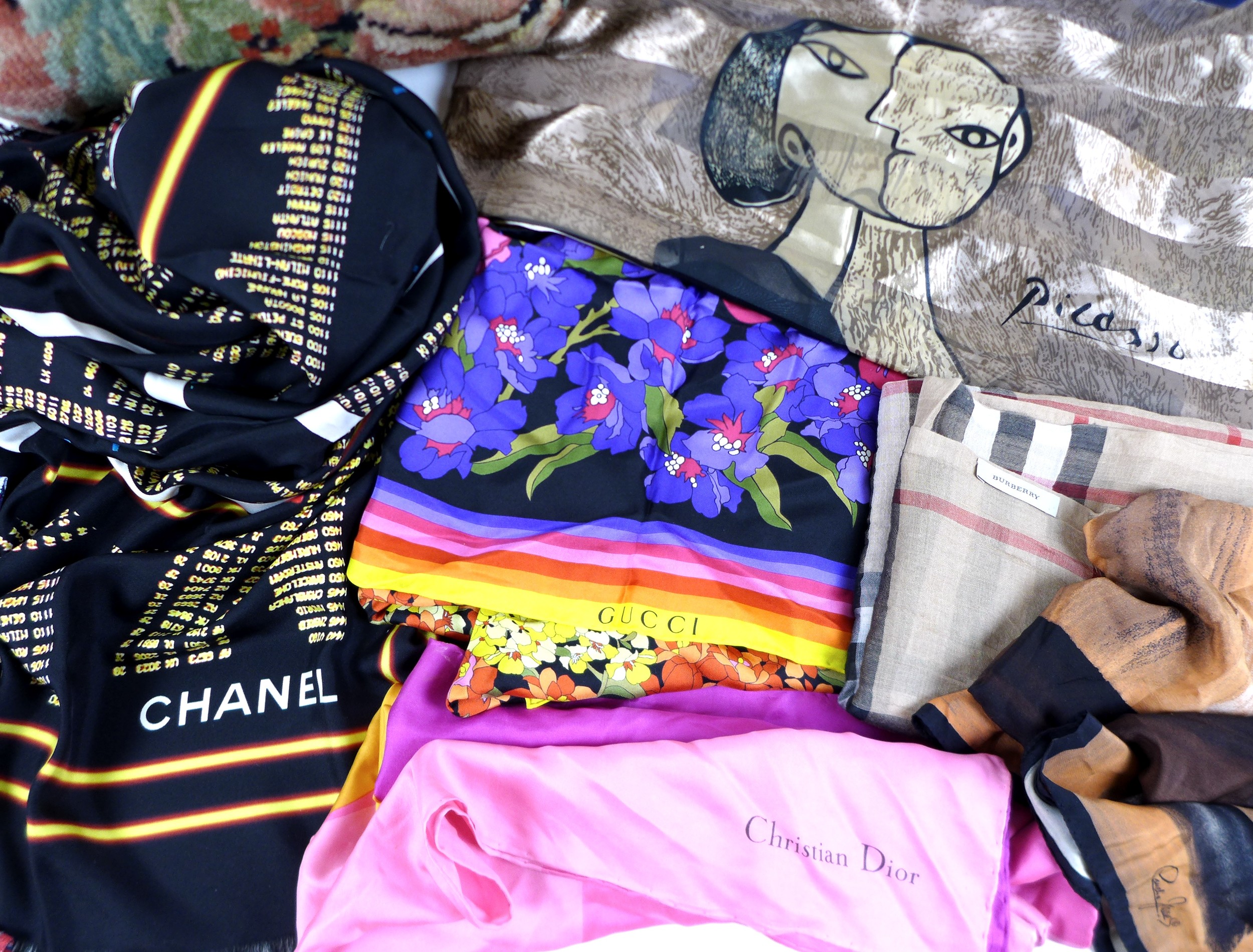 A collection of six vintage scarves, including a silk Chanel scarf 132 by 132cm, Christian Dior - Image 2 of 17