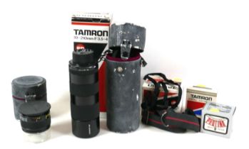 A small group of camera equipment, comprising Tamron CF Tele Macro lens, 70-210mm, F 3.5-4