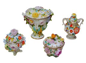 Four pieces of Coalbrookedale for Coalport floral encrusted lidded vases/pot, largest 17cm by 14cm