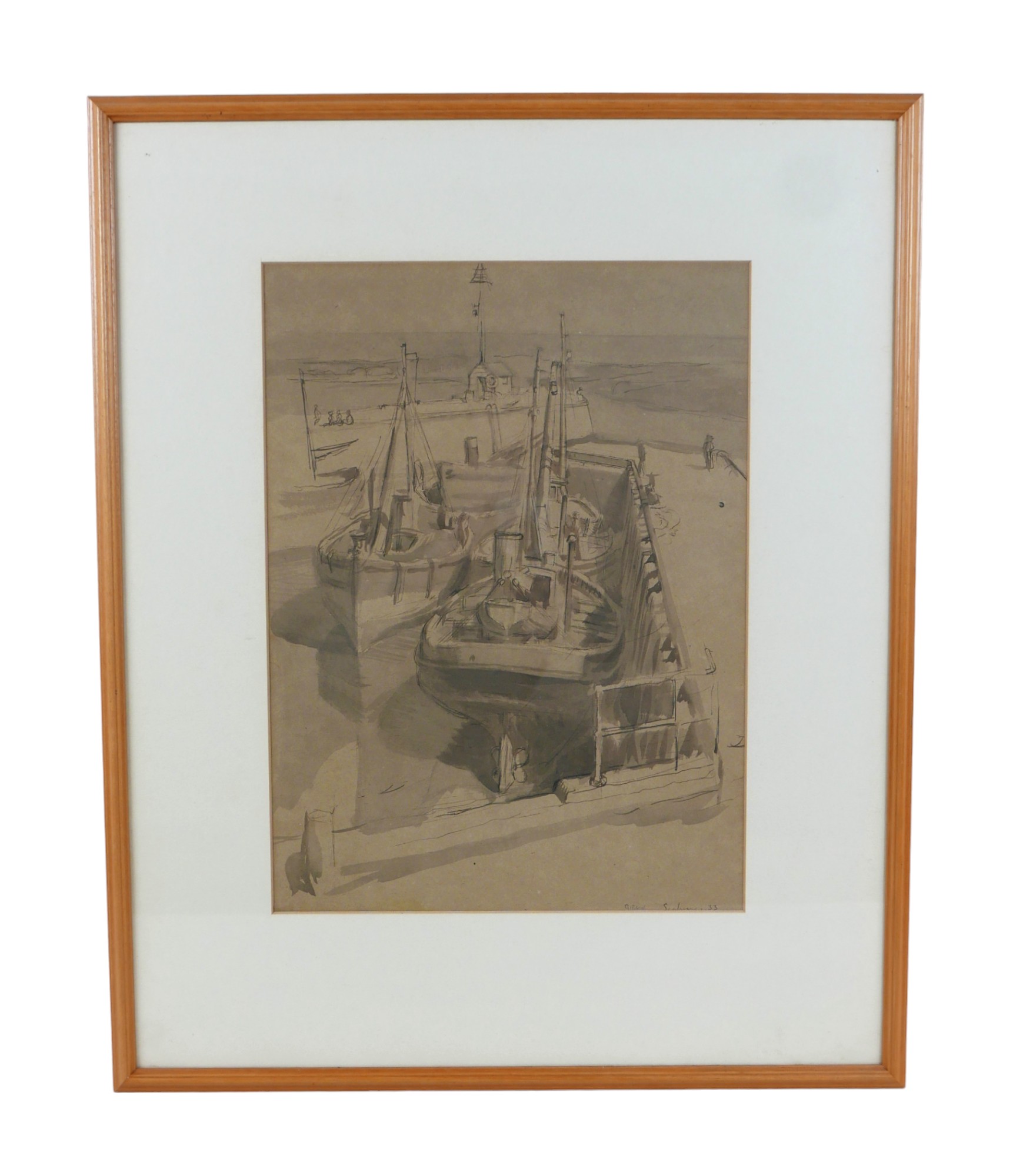 Leslie Gibson (1910-1969) ink and wash "Seahouses Northumberland" 1933 19" by 23" signed and dated - Image 2 of 9