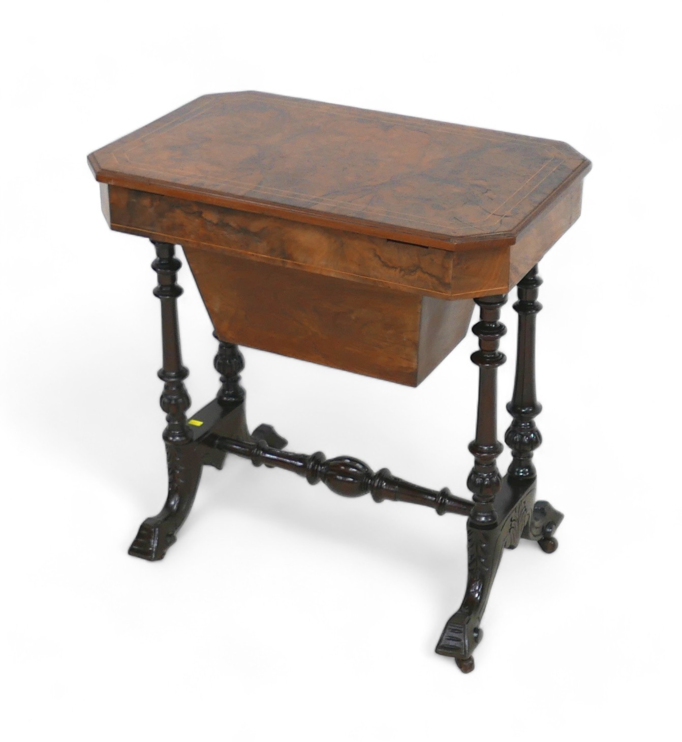 A Victorian burr walnut workbox with a fitted interior on turned pillar supports united by a - Image 10 of 11