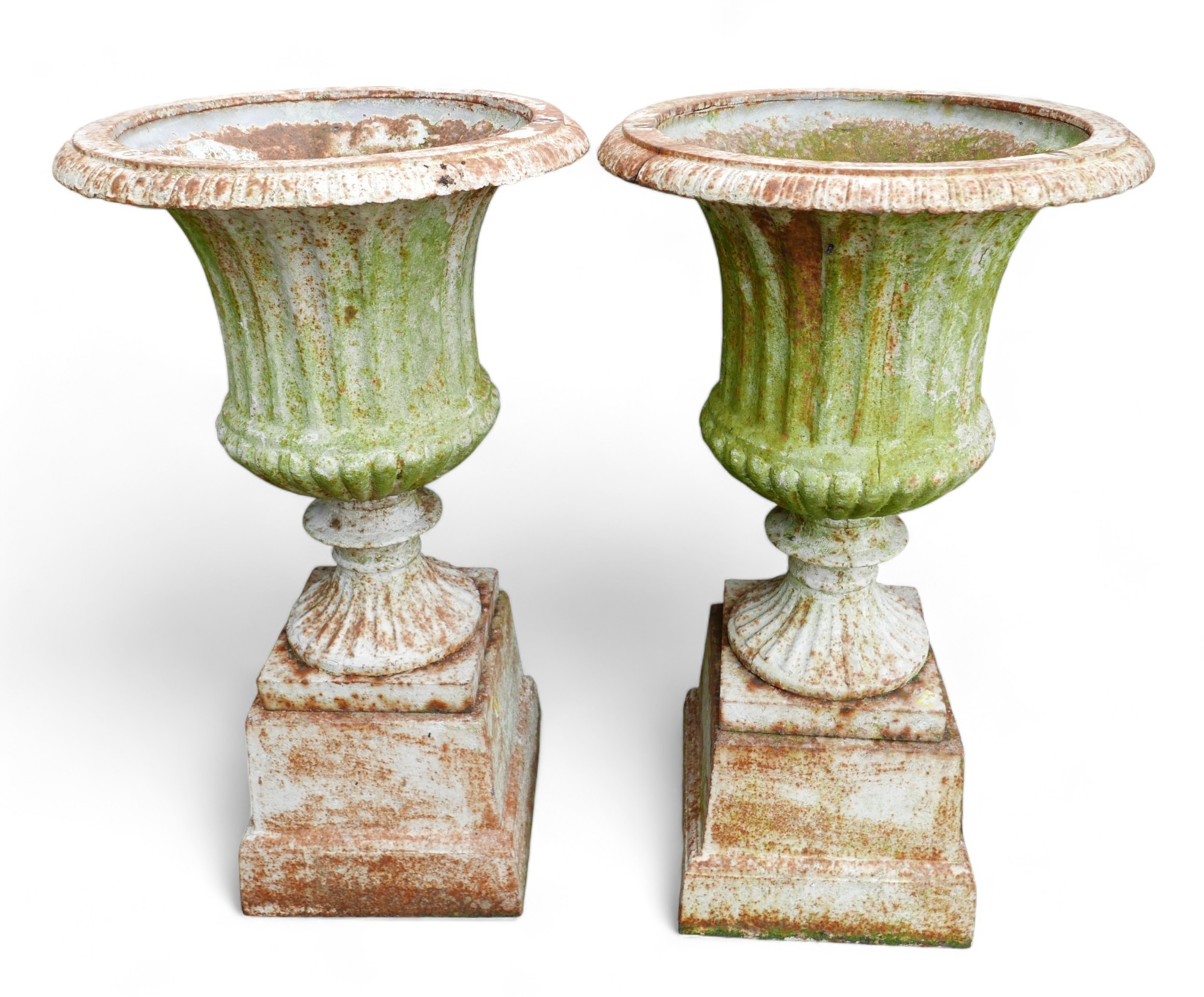 A pair of cast iron fluted garden urns on pedestals with square bases. (2) - Image 3 of 5