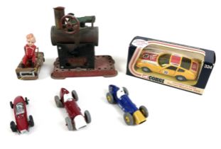 A boxed Corgi Le Mans Ferrari Daytona 365 car, two Dinky racing cars, a Corgi racing car, a Mamod