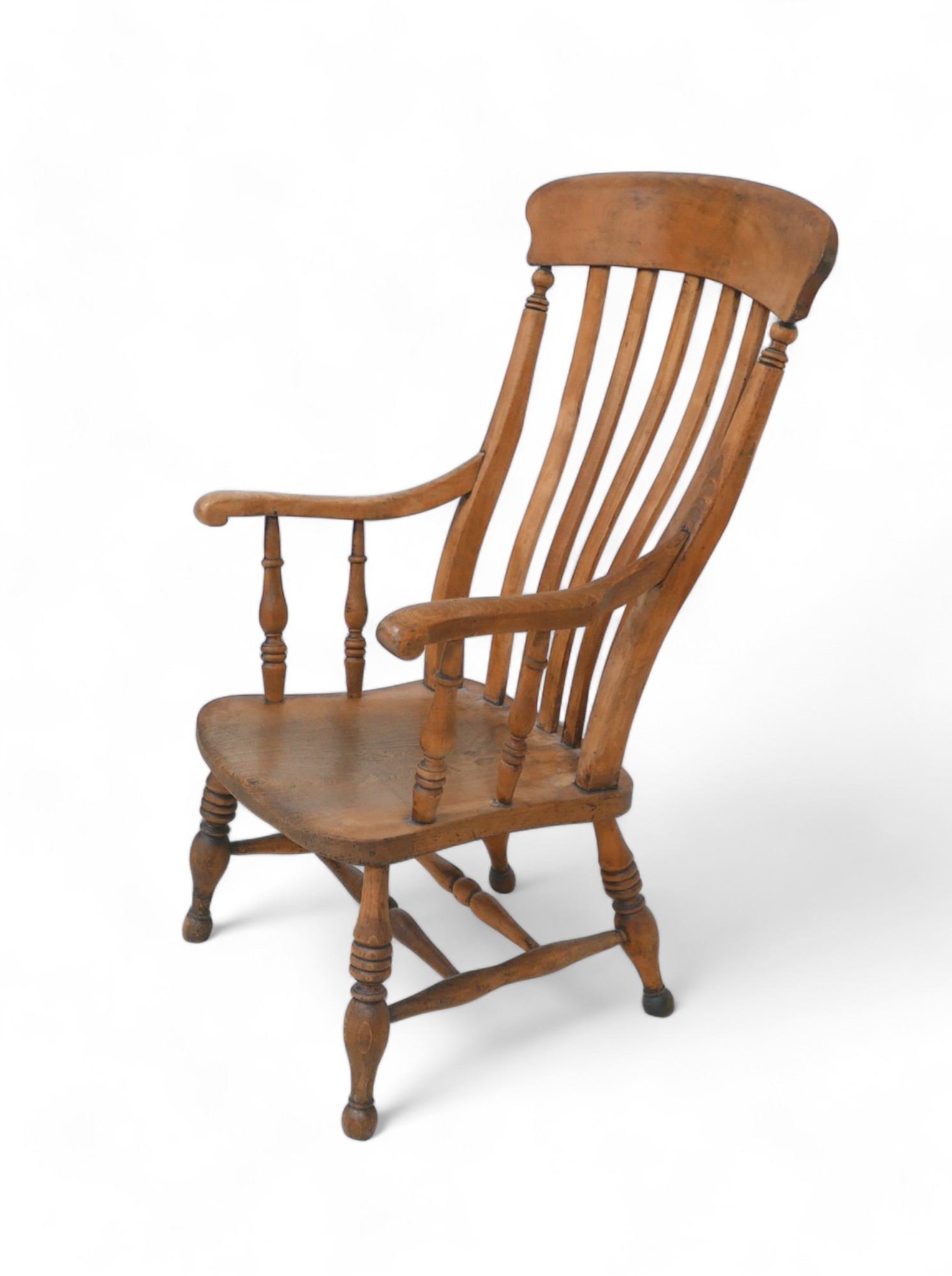 A Victorian ash and elm slat back grandfather chair, with maker's mark initials 'BR' stamped to - Image 2 of 7