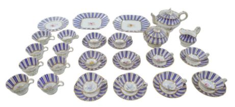 A thirty-four piece part set of 19th century hand painted tea wares, each piece with an individual