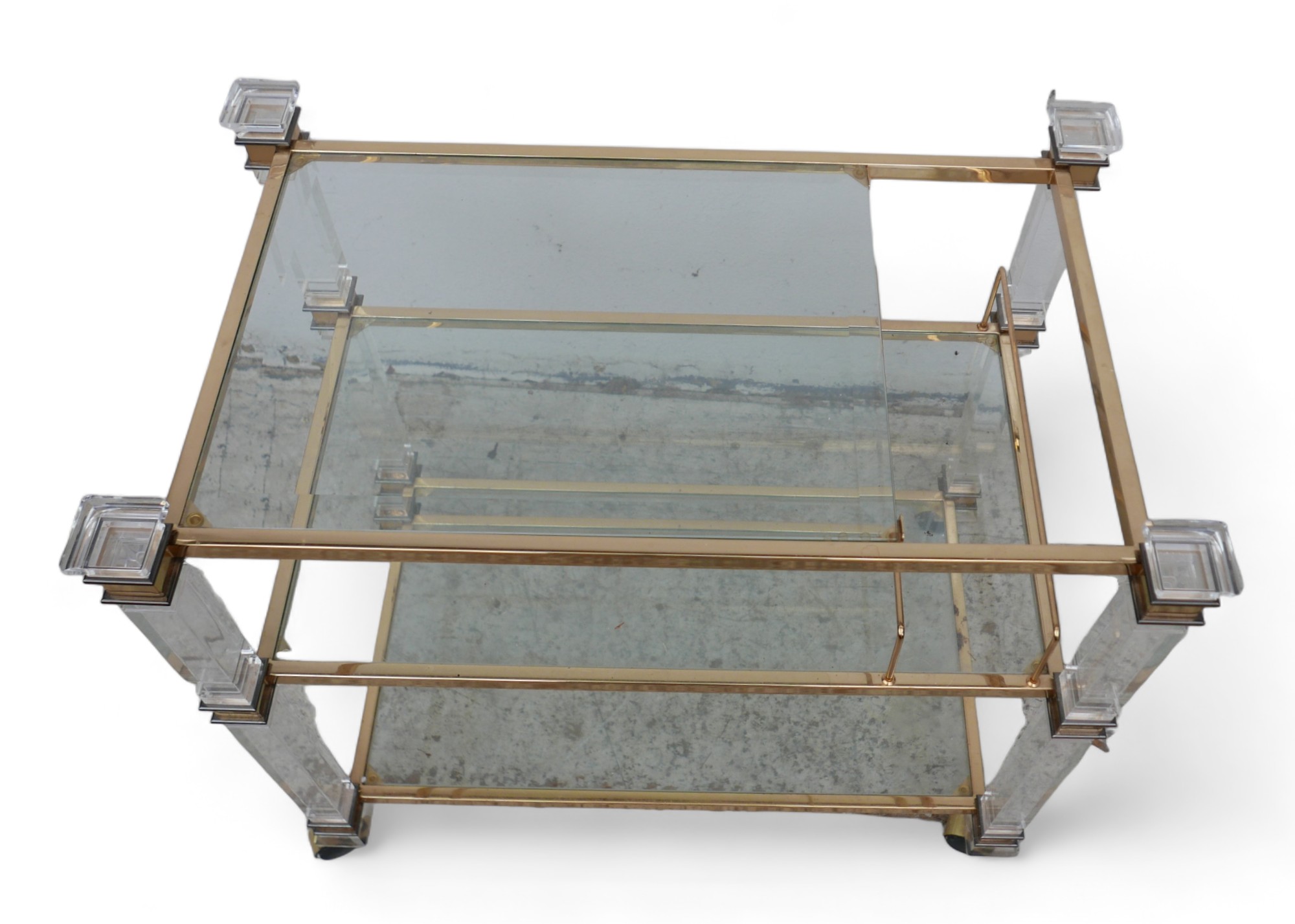 A clear glass and brass /gilt drinks trolley, three tier, rectangular, Italian. - Bild 5 aus 6