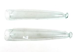 A pair of glass cucumber forcers, 9cm diameter 51cm long. Both good.