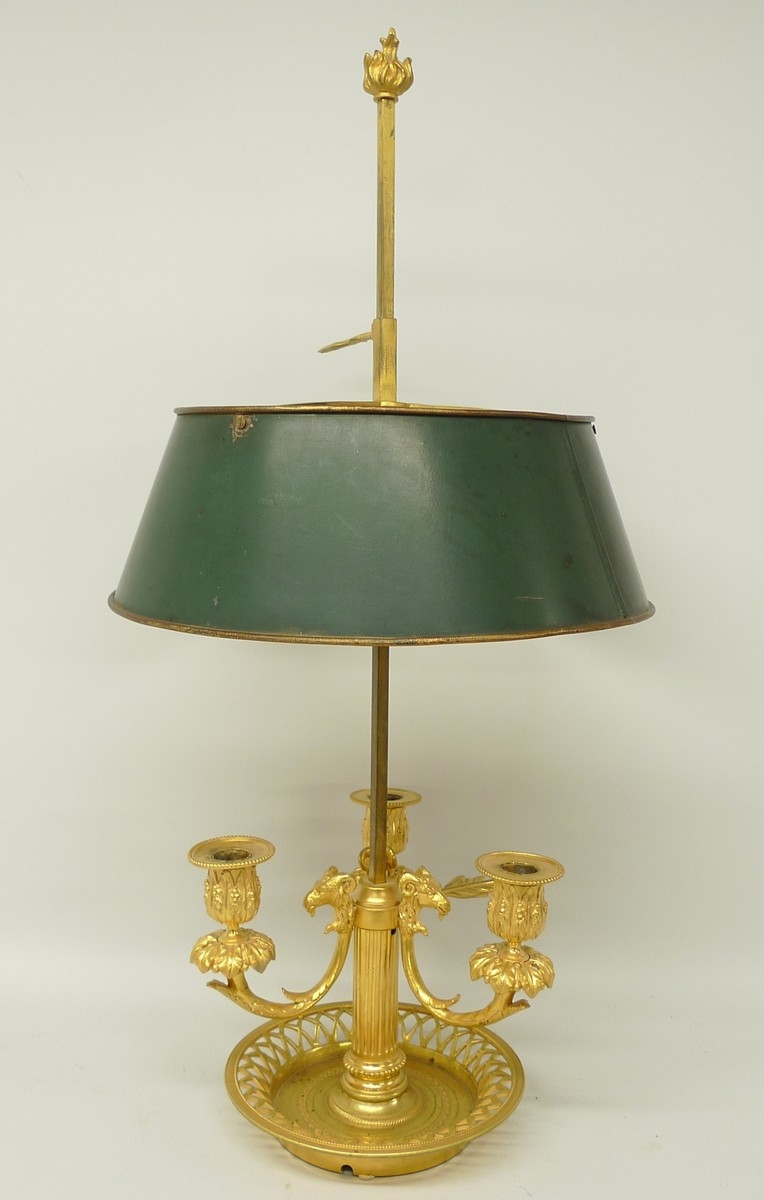 An early 20th century French ormolu bouillotte lamp, the three branches with rams head terminals - Image 14 of 22