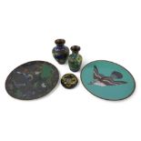 Five pieces of Chinese cloisonné comprising two plates, a lid pot and twovases, largest plate 30cm