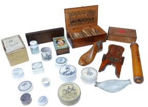 A collection of treen and medicinal themed collectables, including a shoe tree, a wooden Colmans box