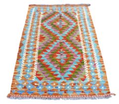 Orange Blue and Yellow 100% hand knotted woollen rug, 131 by 83.5cm.