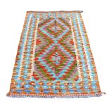 Orange Blue and Yellow 100% hand knotted woollen rug, 131 by 83.5cm.