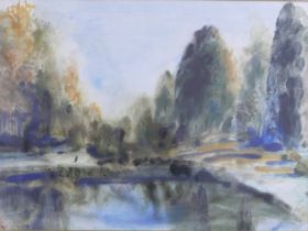 John Glashan (1927-1999) watercolour a walk by the lake in a gilt frame, frame size 72cm by 62cm.