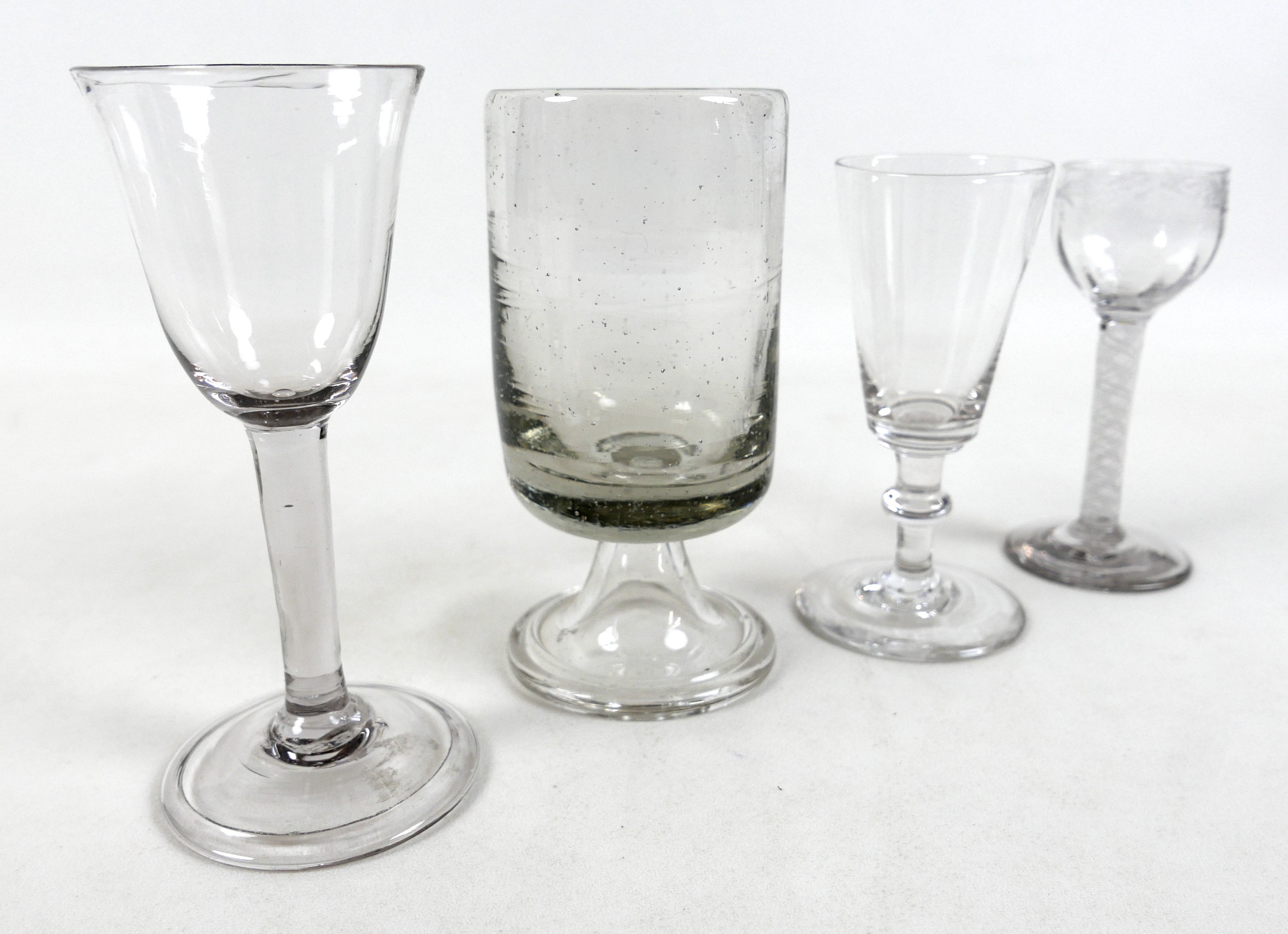 Four 18th century drinking glasses including an air twist cordial glass, largest 7.5cm diameter 16cm - Image 8 of 12