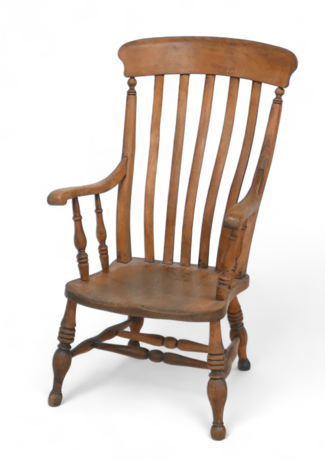 A Victorian ash and elm slat back grandfather chair, with maker's mark initials 'BR' stamped to