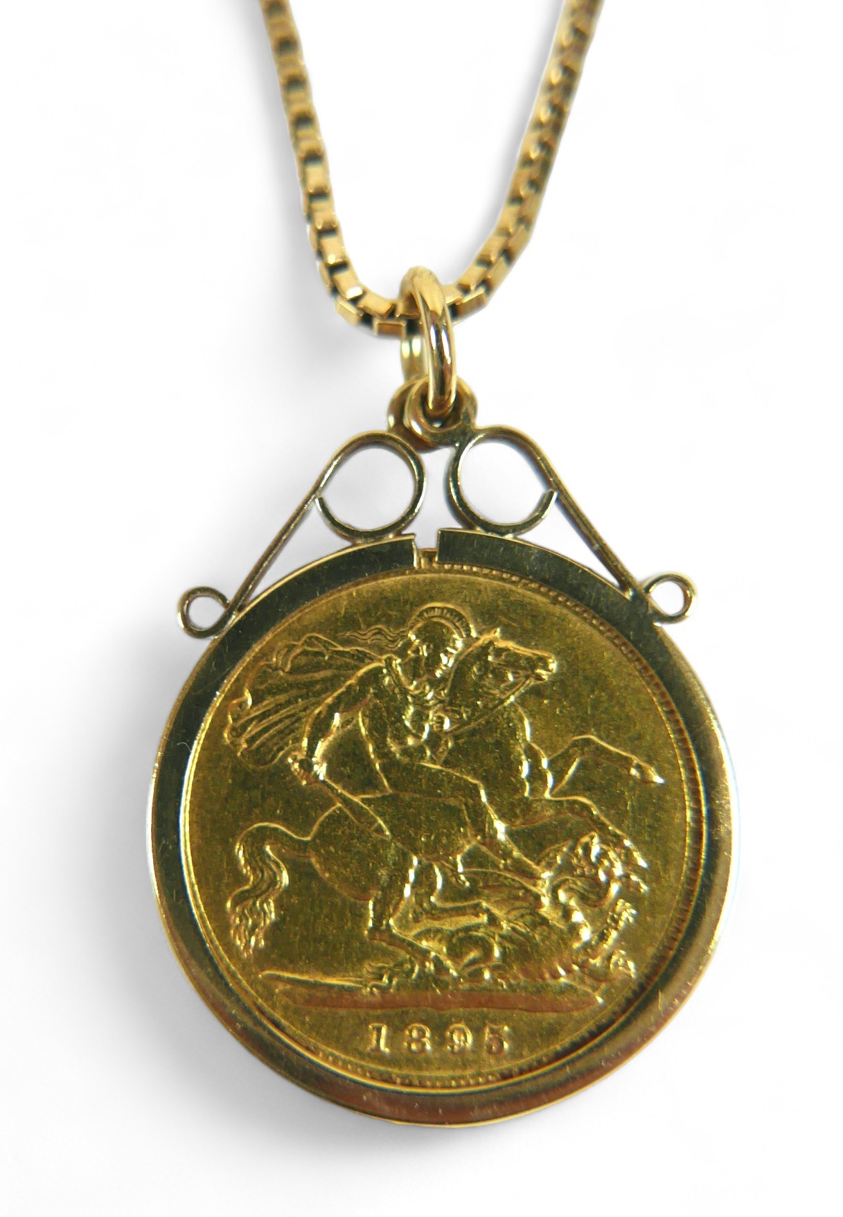 A Victorian 1895 half sovereign in 9ct gold pendant setting and 9ct gold box chain, overall gross