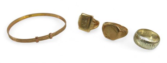 A group of gold jewellery, comprising two gents gold rings: one 9ct 5.2g, one rubbed marks, 5.8g, an