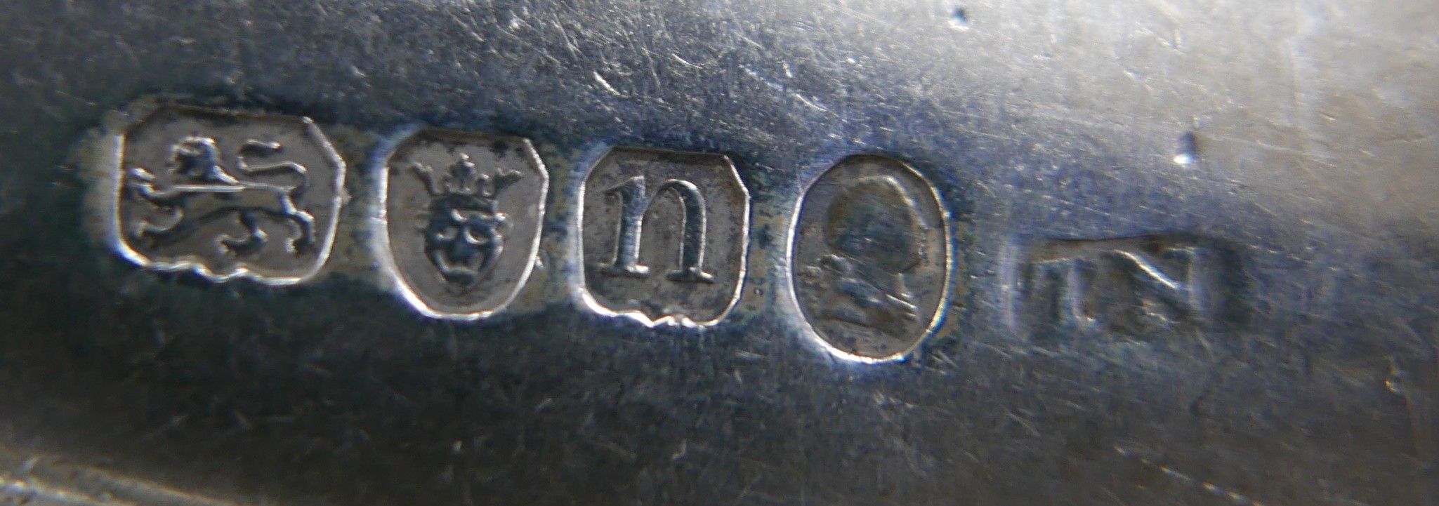 Four George III silver old English pattern table spoons, each engraved with the initial 'M' to - Image 5 of 6
