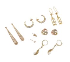 A collection of yellow metal earrings, a pair of diamond earrings, with seven, 1.5mm diameter,