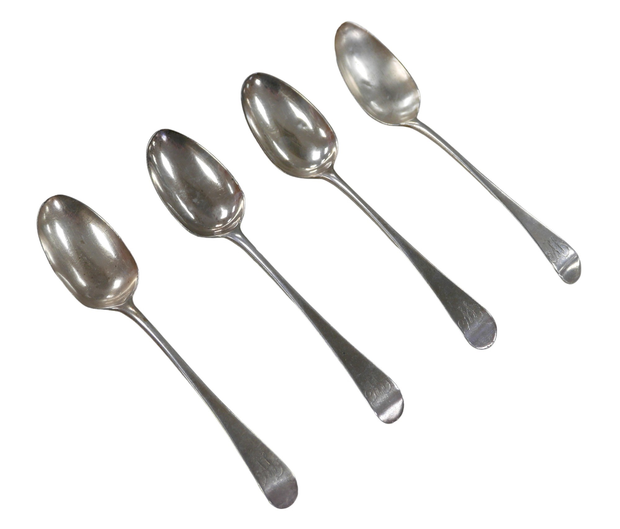 Four George III silver old English pattern table spoons, each engraved with the initial 'M' to