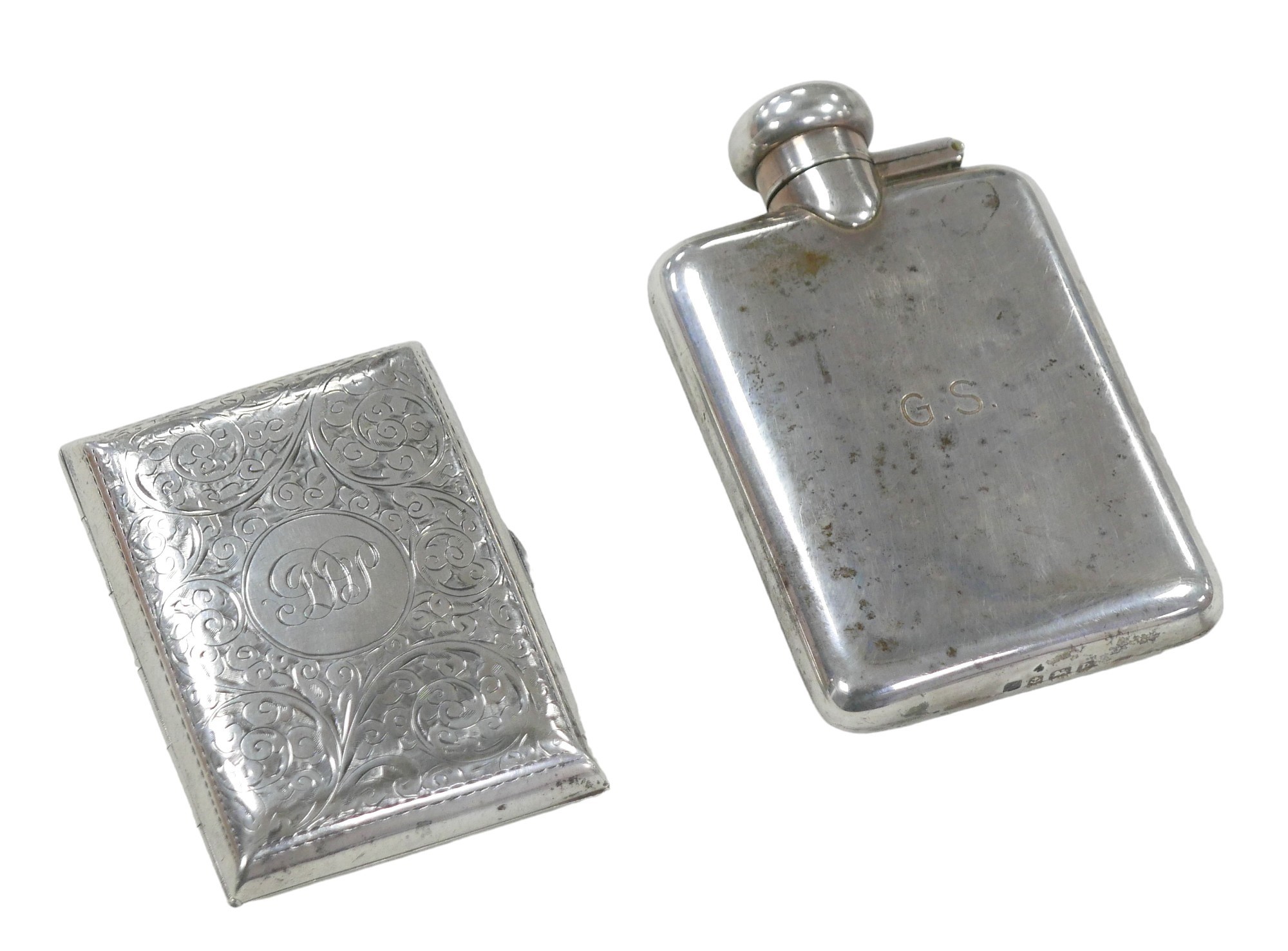 Two pieces of George V silver, comprising a hip flask, engraved with initials 'G.S', A & J Zimmerman