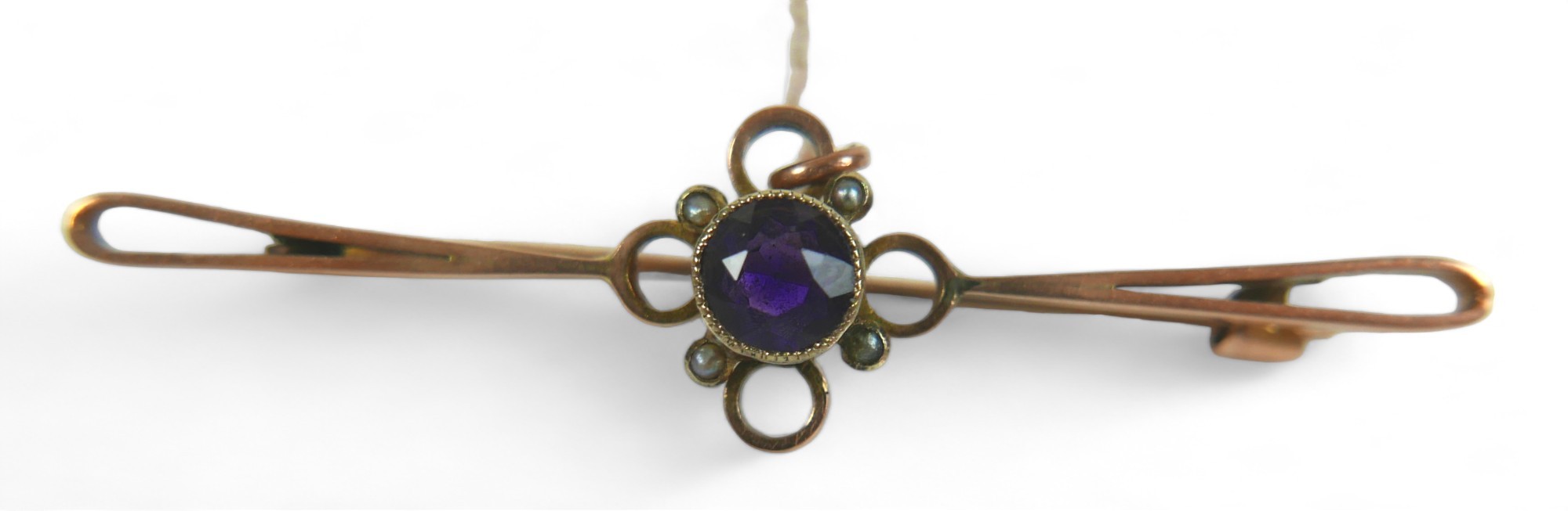 A Victorian 9ct rose gold, amethyst and black seed pearl bar brooch, 5.8cm long, 3.6g, plus two - Image 2 of 7