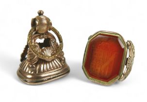 Two Georgian yellow metal fob seals, comprising a Carnelian fob converted into a gents ring,