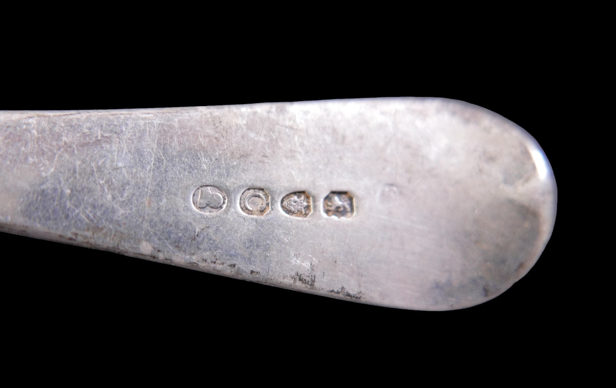 A group of four large silver serving spoons, comprising a George III 1798, one London 1798 marked - Image 4 of 6