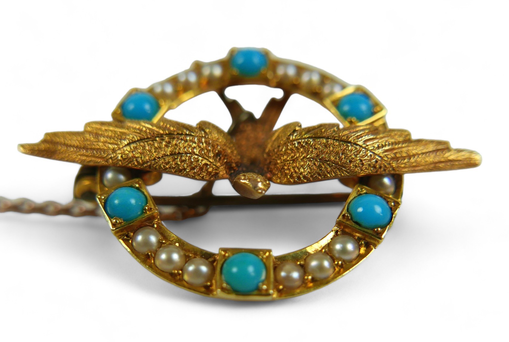 An Edwardian 15ct yellow gold, turquoise and pearl set brooch, formed as a swallow surrounded by a - Image 3 of 4