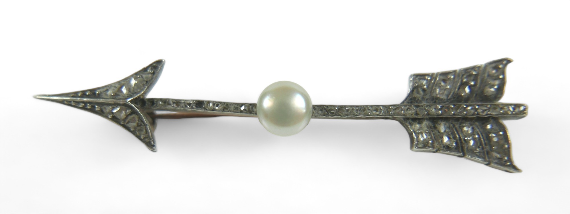 A 19th century bar brooch set with diamond chips and single pearl, modelled as an arrow, unmarked