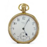 An 18ct yellow gold Waltham open faced pocket watch, keyless wind, white dial with black Arabic