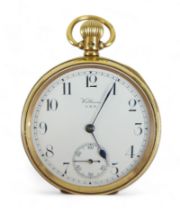An 18ct yellow gold Waltham open faced pocket watch, keyless wind, white dial with black Arabic