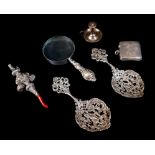 A small group of silver items, comprising a Victorian silver baby's rattle with coral teether,