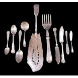A group of silver flatware, comprising a George III silver fish slice, with lamb and pennant