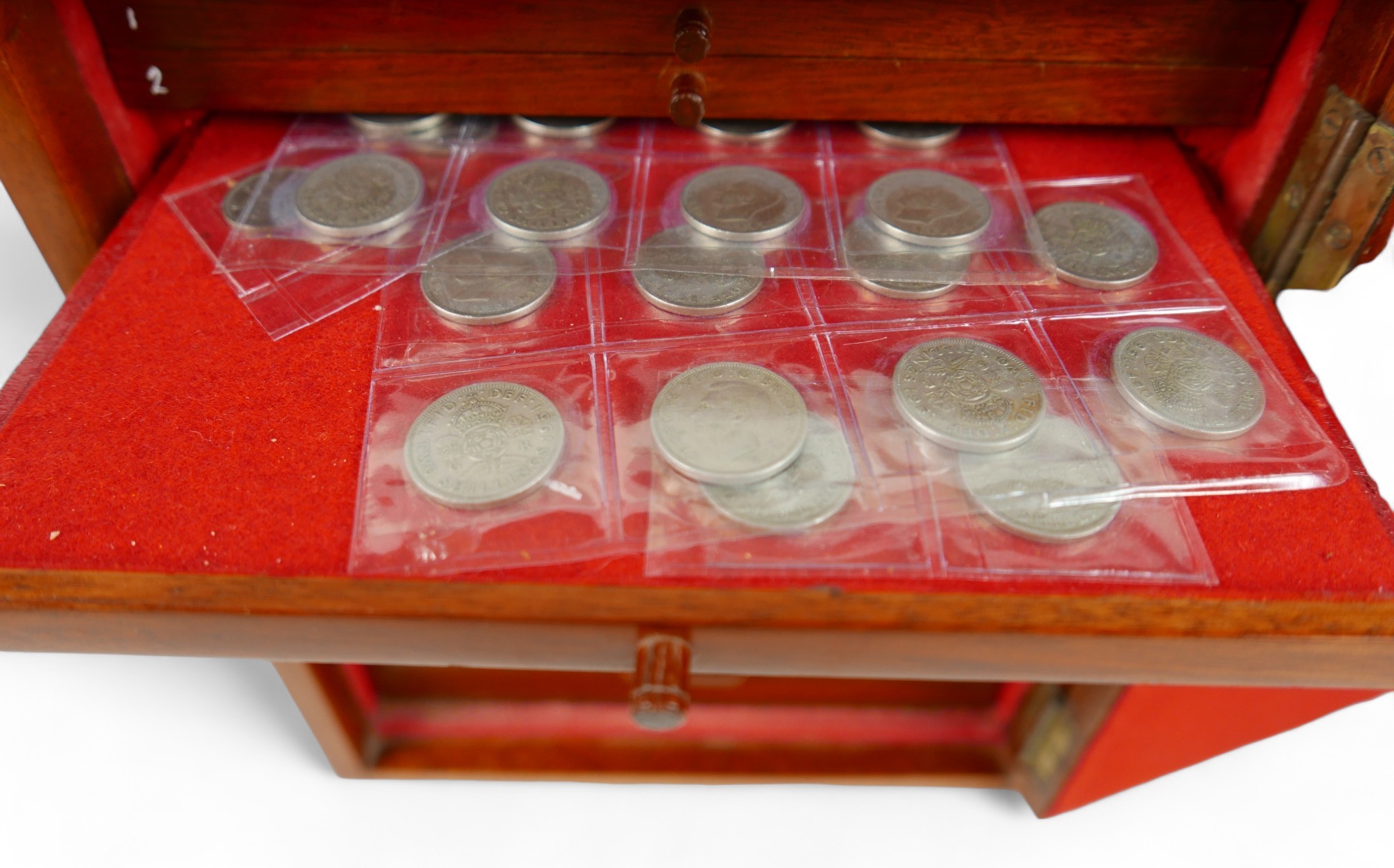 A collection of mainly English coins and other items contained in a nine drawer mahogany - Image 8 of 10