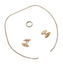 A group of 9ct gold, comprising a pair of cufflinks and a chain necklace, a/f, 6.4g, together with a