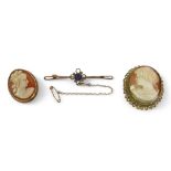 A Victorian 9ct rose gold, amethyst and black seed pearl bar brooch, 5.8cm long, 3.6g, plus two