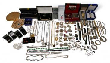 A collection of costume jewellery, watches, gilt earrings and lockets. (1 box)