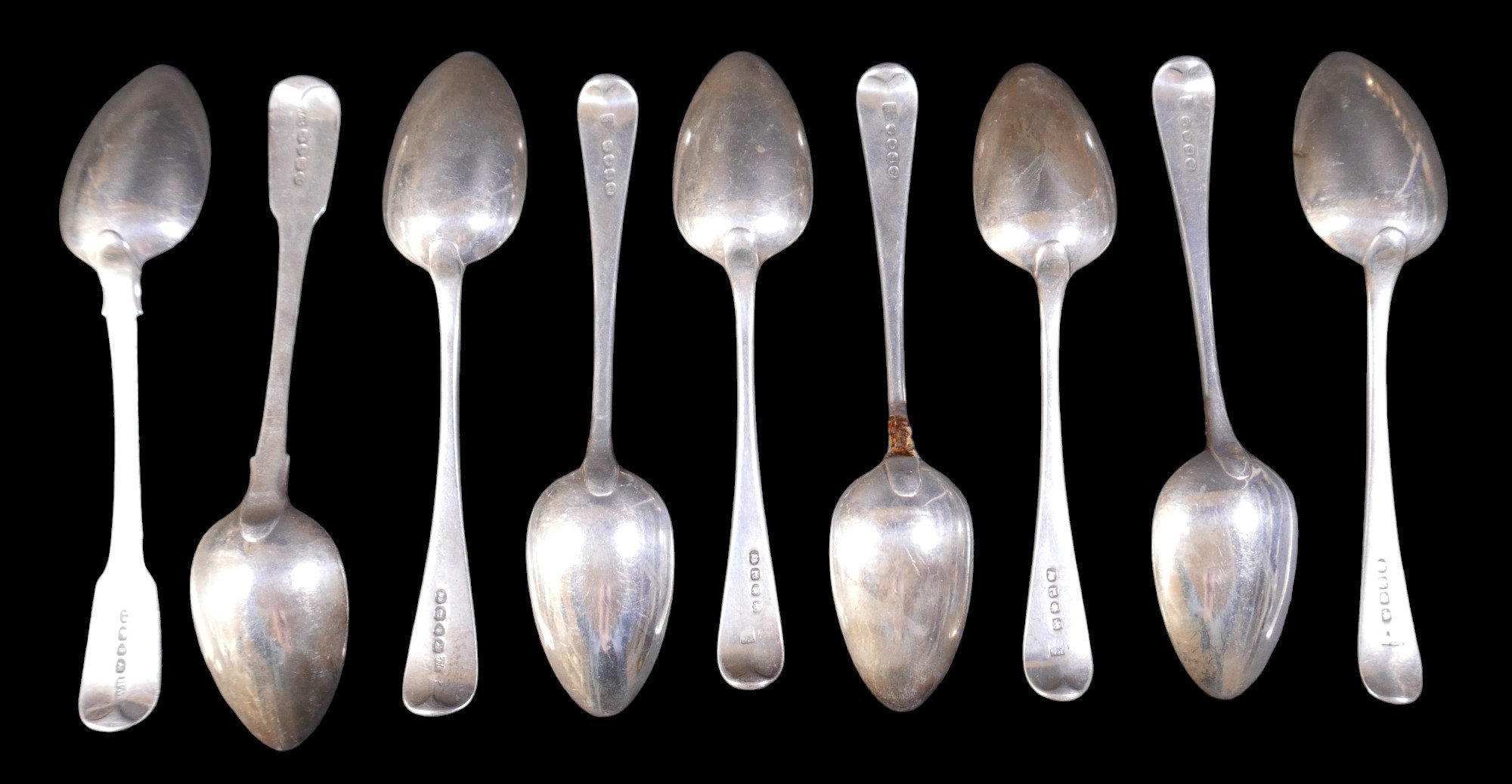 A collection of silver spoons, comprising five Georgian spoons marked RG/GS for Richard Crossley and - Image 2 of 10