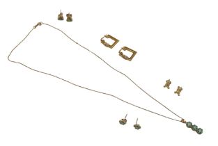 A group of 9ct gold jewellery, including a diamond and emerald pendant necklace, the three small